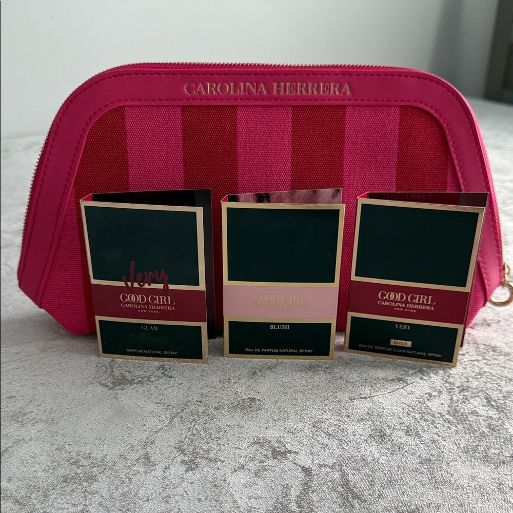 Carolina Herrera Hot Pink Striped Cosmetic Pouch